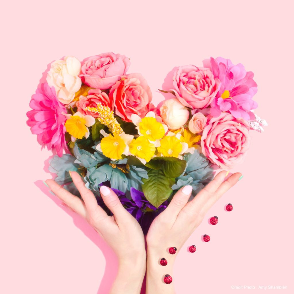 Mains qui tiennent fleurs colorées en fome de coeur